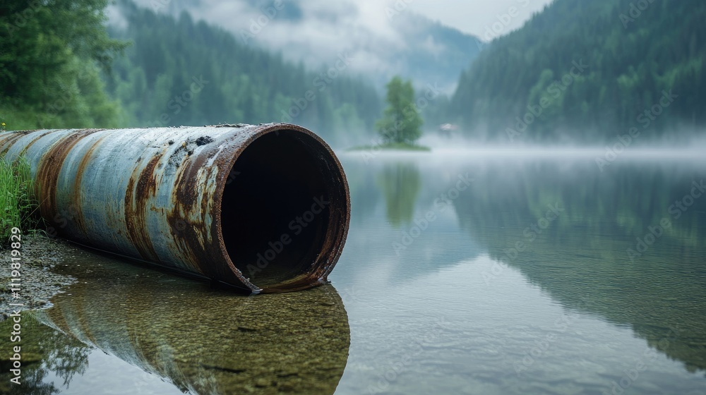 Rusty industrial pipe partially submerged in calm lake water surrounded by misty mountains and lush greenery. Rusty industrial pipe partially submerged in calm lake water surrounded by misty mountains and lush greenery.