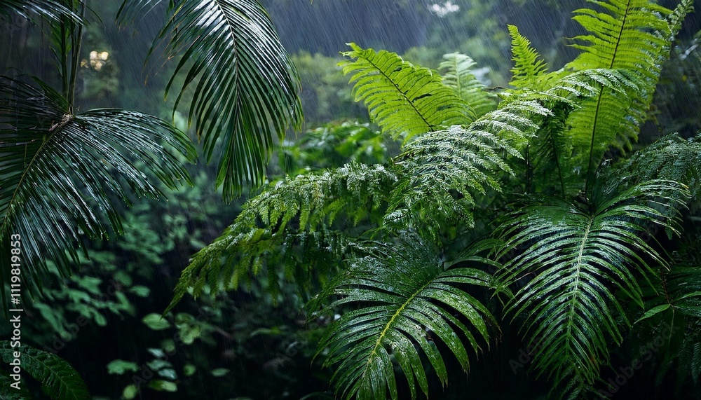 exotic plants under the tropical rain ferns and other vegetation in the rainforest the jungle the rainy season exotic plants under the tropical rain ferns and other vegetation in the rainforest the jungle the rainy season
