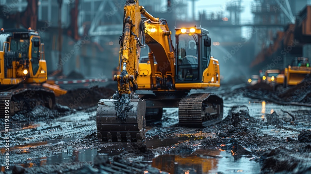 Excavator in Muddy Construction Site Excavator in Muddy Construction Site