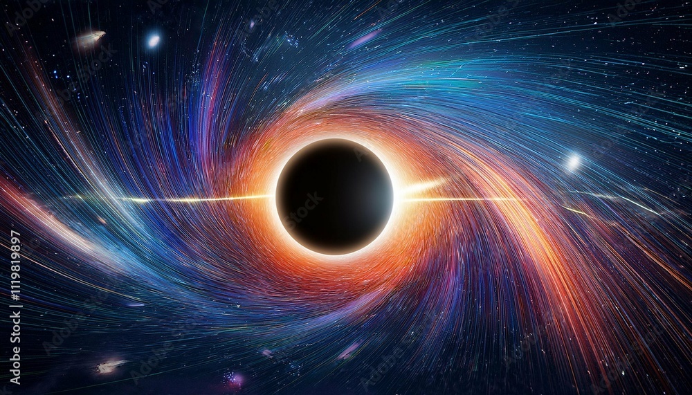 a black hole with a glowing constellation of various colors revolves around a black hole in the universe a black hole with a glowing constellation of various colors revolves around a black hole in the universe