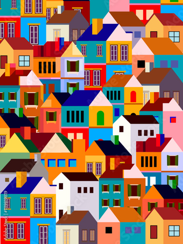 Summer cityscape geometric vector illustration. Hillside town building in scandinavian architecture, residental houses background. Villages, trees, hill view.