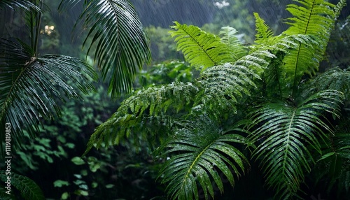 exotic plants under the tropical rain ferns and other vegetation in the rainforest the jungle the rainy season