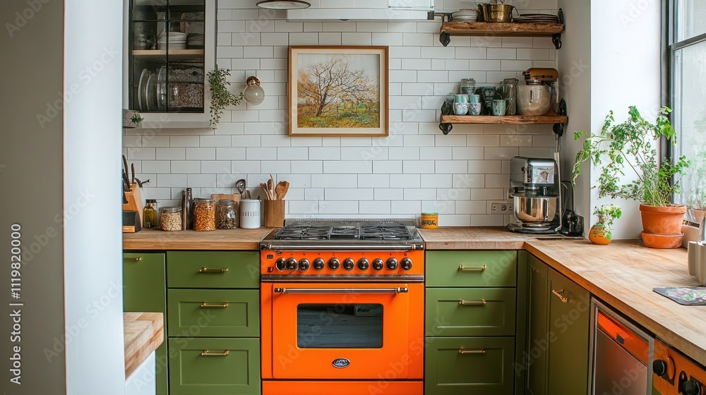 Vibrant orange range in a modern farmhouse kitchen with olive green cabinets. Vibrant orange range in a modern farmhouse kitchen with olive green cabinets.