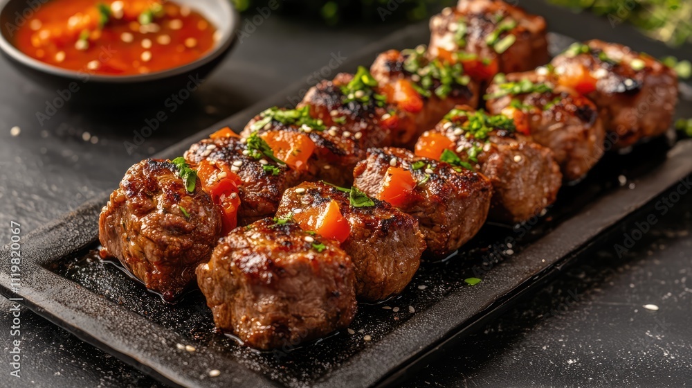 Sizzling platter of grilled meatballs topped with fresh herbs and tomatoes served with spicy dip on a stylish black stone plate Sizzling platter of grilled meatballs topped with fresh herbs and tomatoes served with spicy dip on a stylish black stone plate