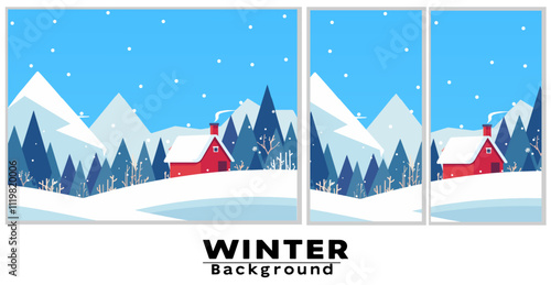 Beautiful winter background illustration featuring snowy mountains, a cozy red cabin, pine trees, and snowfall. Perfect for seasonal, holiday, and winter-themed projects