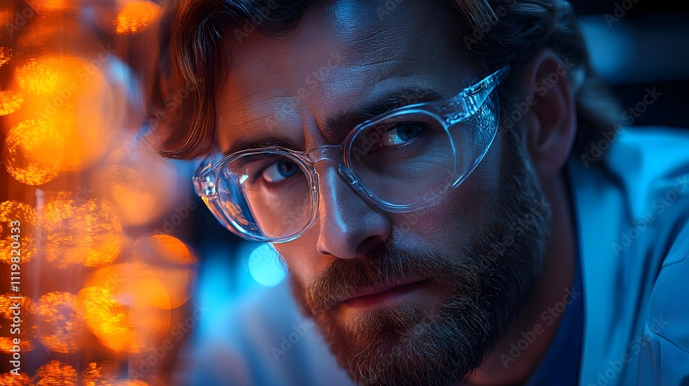 Caucasian male scientist observing an experiment under bright orange lights. Caucasian male scientist observing an experiment under bright orange lights.