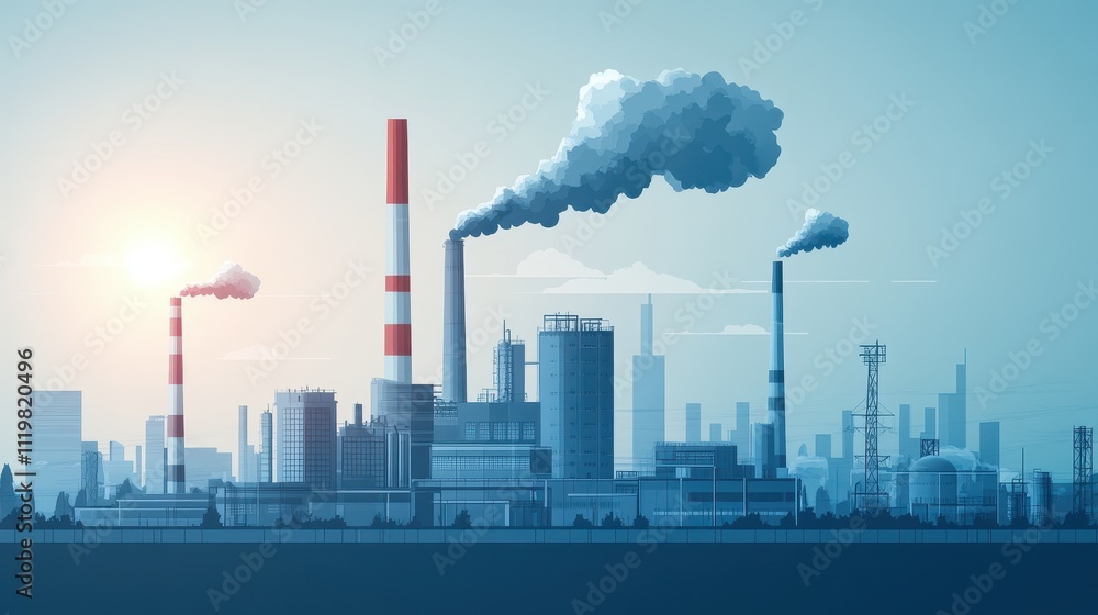 Industrial Factory Design with Smoke Stacks in Grey Tones Industrial Factory Design with Smoke Stacks in Grey Tones