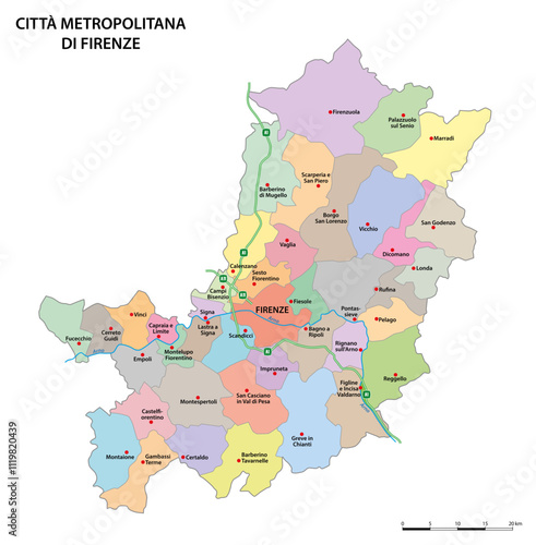 Administrative map of the Metropolitan City of Florence, Tuscany, Italy
