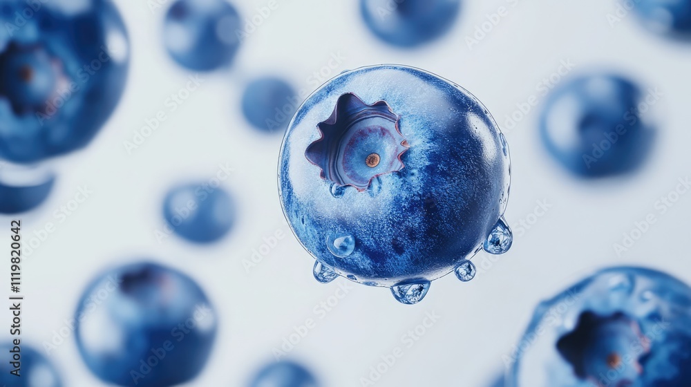 Detailed close-up of fresh blueberries with water droplets, highlighting texture and color against a soft white background, food photography, healthy eating, organic produce, natural ingredients. Detailed close-up of fresh blueberries with water droplets, highlighting texture and color against a soft white background, food photography, healthy eating, organic produce, natural ingredients.