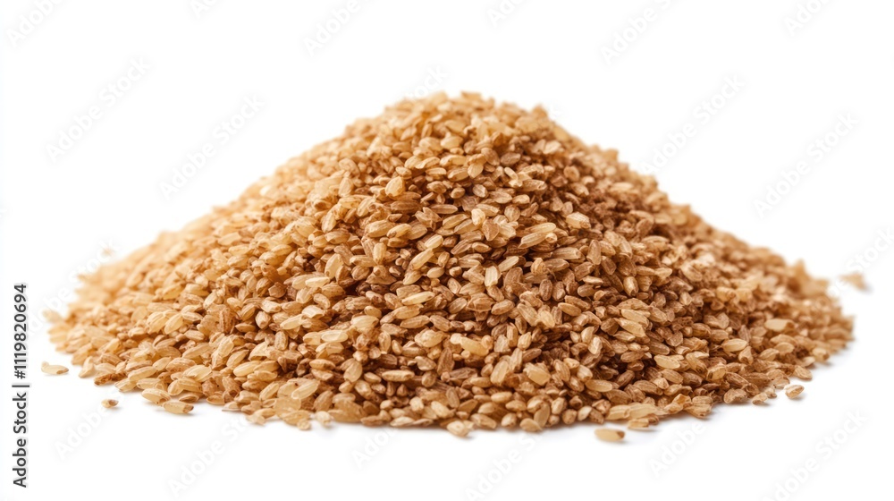 Heap of brown basmati rice emphasizing nutrition healthy meals and addressing hunger against a clean white background Heap of brown basmati rice emphasizing nutrition healthy meals and addressing hunger against a clean white background