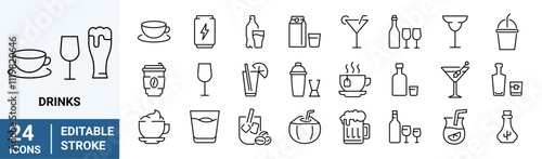Drinks web icons in line style. Coffee, tea, soda, beer, alcohol, coctail, energy, wine, collection. Vector illustration