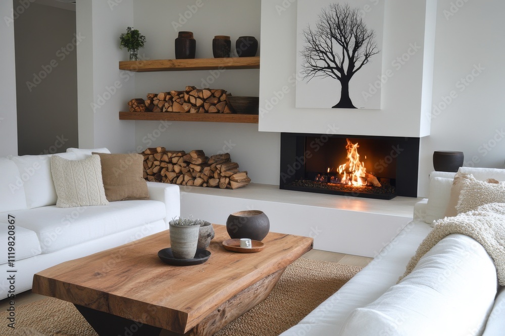 Fototapeta premium Modern minimalist living room cozy fireplace white sectional sofa