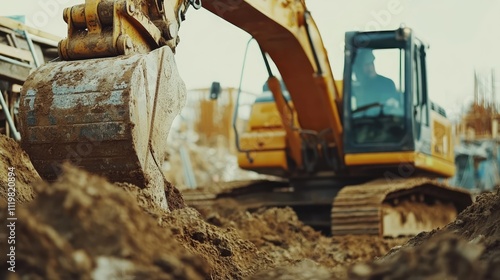 Close-up of an excavator bucket at a construction site, actively digging soil for earthworks, highlighting heavy machinery used in construction and site development, construction, machinery, earthmovi photo