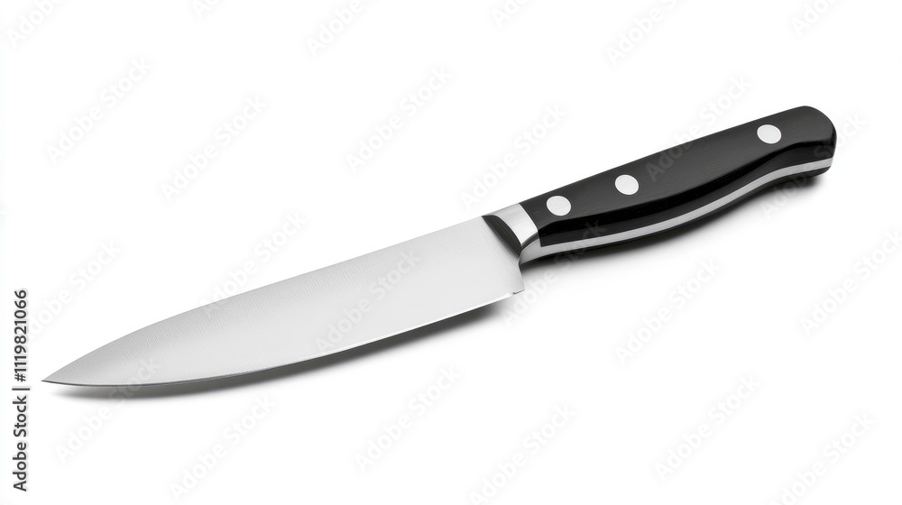 Aesthetic kitchen knife with a sleek black handle and polished blade on a clean white background for culinary artistry. Aesthetic kitchen knife with a sleek black handle and polished blade on a clean white background for culinary artistry.