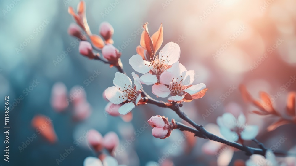 Spring buds on a slender shrub branch in a forest setting showcasing nature's awakening and new growth with vibrant colors and soft focus Spring buds on a slender shrub branch in a forest setting showcasing nature's awakening and new growth with vibrant colors and soft focus