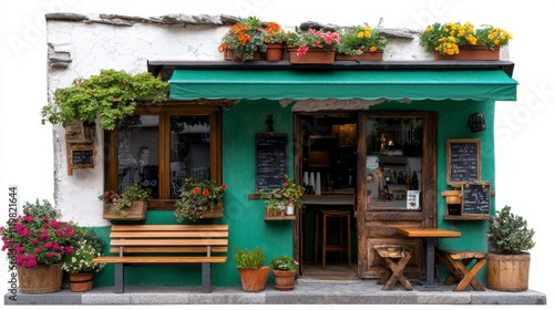 Charming cafe exterior with flowers, benches, and vibrant colors, inviting customers inside. photo