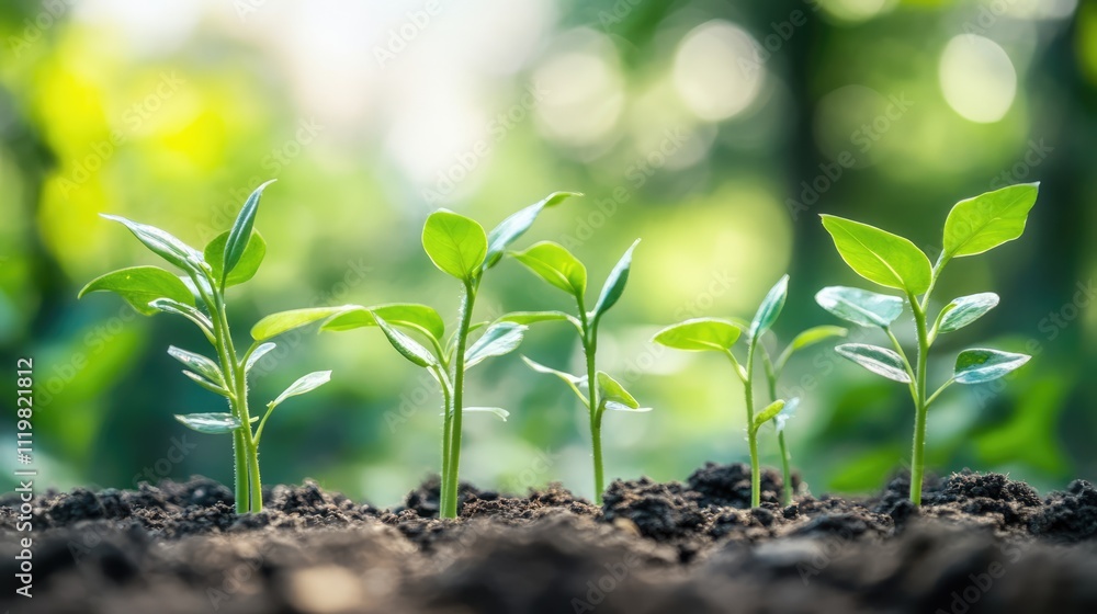 Young green plants growing in soil with a blurred natural background highlighting growth and nature's beauty Young green plants growing in soil with a blurred natural background highlighting growth and nature's beauty
