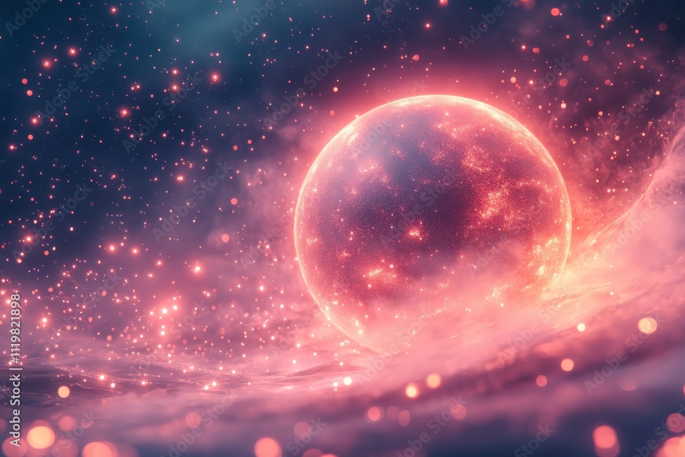 A vibrant cosmic scene featuring a glowing celestial body amidst sparkling particles. A vibrant cosmic scene featuring a glowing celestial body amidst sparkling particles.