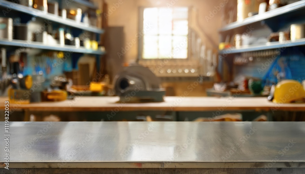 Close-up of an empty metal table with in a workshop, with a blurred background featuring tools and equipment on shelves Close-up of an empty metal table with in a workshop, with a blurred background featuring tools and equipment on shelves