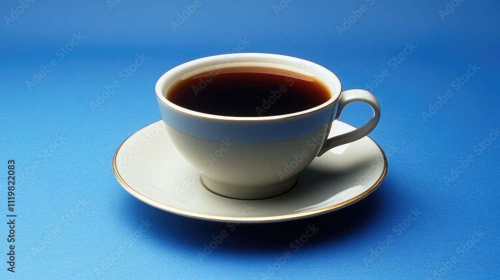Elegant cup of black coffee on a white saucer with a vibrant blue background showcasing the beverage's rich color and inviting aura Elegant cup of black coffee on a white saucer with a vibrant blue background showcasing the beverage's rich color and inviting aura