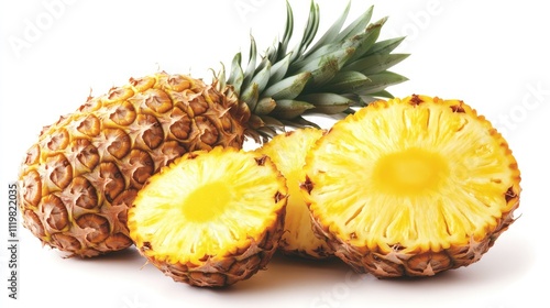 Fresh pineapple with slices showcasing vibrant yellow flesh against a clean white background for culinary or tropical themed designs. photo