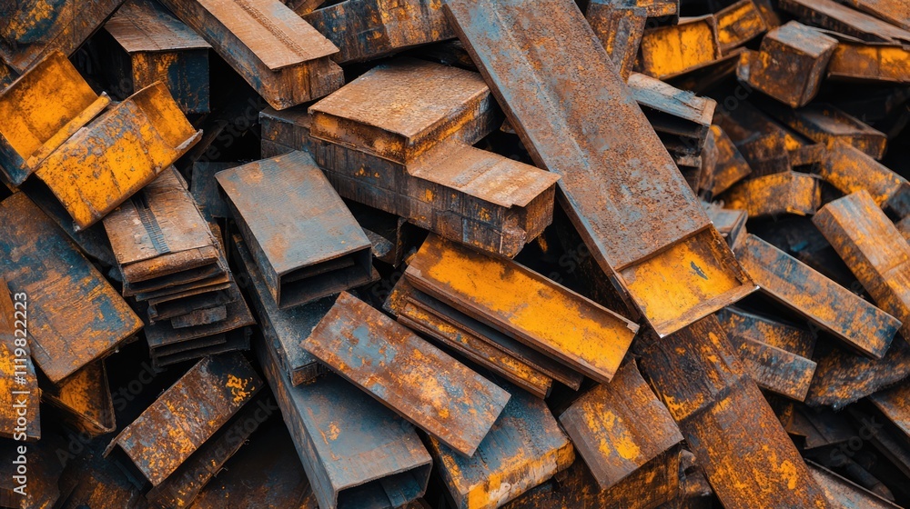 Rusty iron materials stacked at a construction site showcasing industrial architecture and the construction industry from an aerial perspective. Rusty iron materials stacked at a construction site showcasing industrial architecture and the construction industry from an aerial perspective.