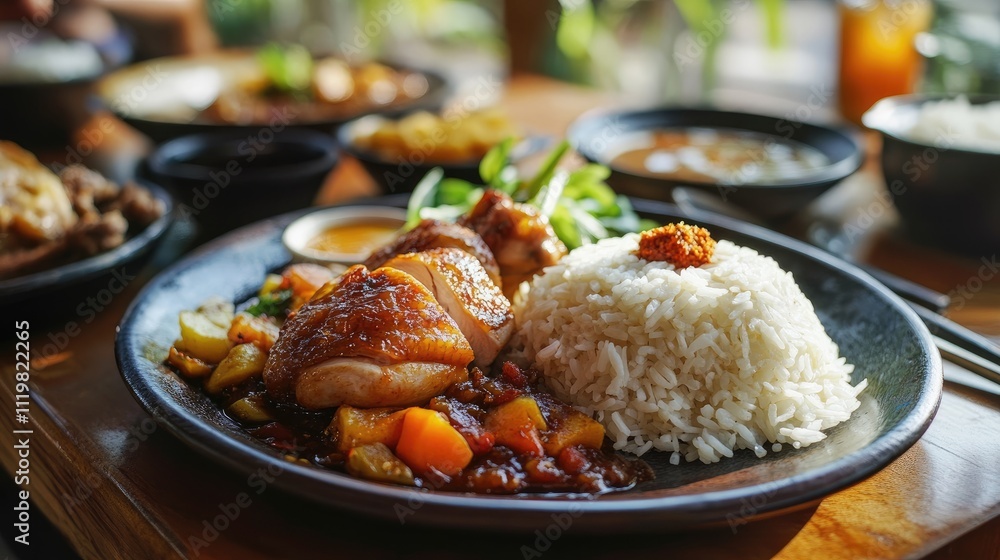 Delicious plate of boiled rice tender chicken and savory potato gravy beautifully presented in an inviting dining setting Delicious plate of boiled rice tender chicken and savory potato gravy beautifully presented in an inviting dining setting