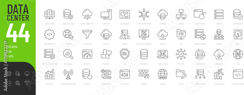 Data Center Line Editable Icons set. Vector illustration in modern thin line style of technology related icons: server, hosting, technical support, and more. Pictograms and infographics.