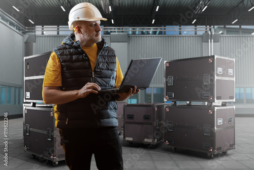 Man near wheeled containers. Chests for transporting expensive equipment. Man with laptop is preparing to unpack ply case. Hangar with flightcase for equipment. Ply containers near worker photo