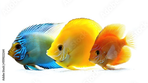 Colorful aquarium fish in vibrant shades of blue yellow and orange isolated on a white background perfect for marine life themes photo