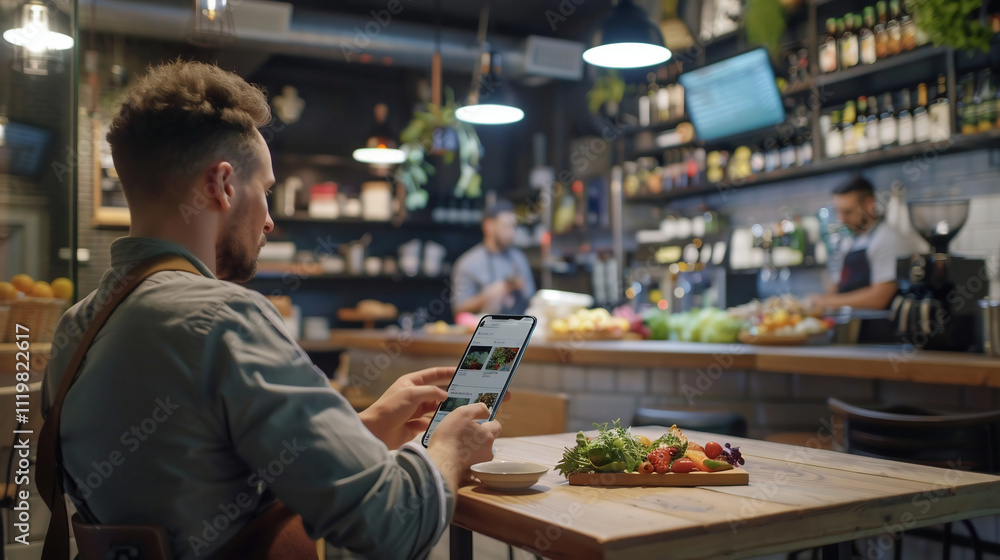 a man looks at a restaurant menu on his phone a man looks at a restaurant menu on his phone