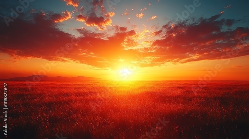 Fototapeta Naklejka Na Ścianę i Meble -  Vibrant sunset over a vast, fiery grassland.