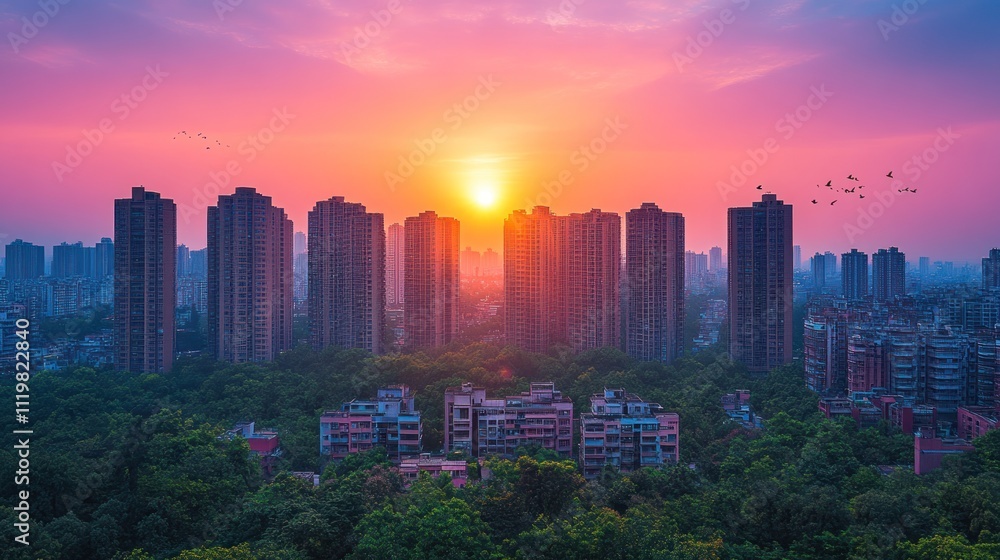 Vibrant sunset over city skyline. Vibrant sunset over city skyline.