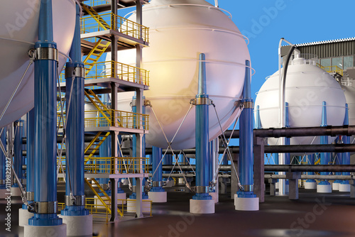 Industrial factory. Manufacture of spherical BPVC tanks. White boilers on territory of plant. High pressure tanks for storing liquefied gas. BPVC with cryogenic liquids under blue sky. 3d image photo