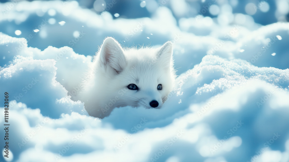 Fototapeta premium Arctic fox exploring snowy landscape winter wonderland wildlife photography