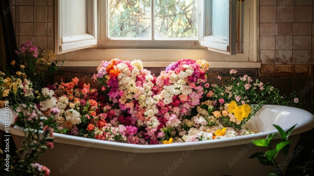 Obraz premium Romantic bathtub adorned with a heart-shaped arrangement of colorful flowers and sunlight streaming through an open window