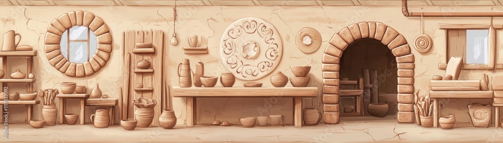 A rustic pottery workshop with shelves of clay items and an entrance to a stone structure. A rustic pottery workshop with shelves of clay items and an entrance to a stone structure.