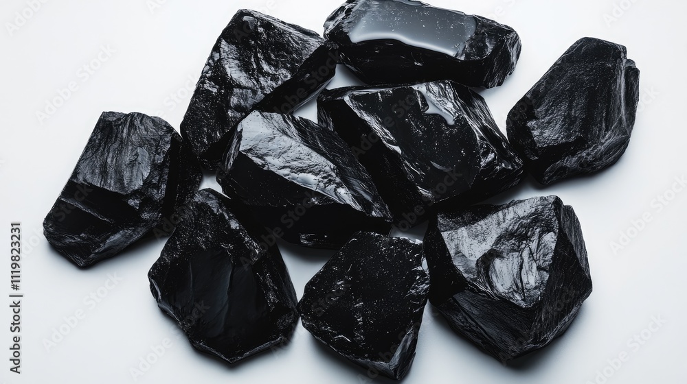Polished black stones arranged on a clean white surface showcasing natural textures and contrasts for elegant design elements. Polished black stones arranged on a clean white surface showcasing natural textures and contrasts for elegant design elements.
