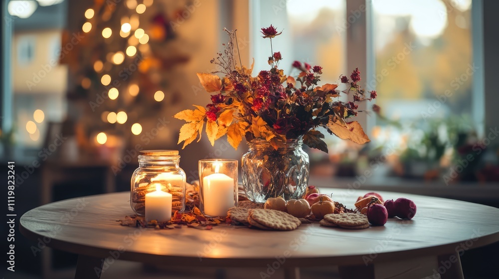 Cozy autumn scene with a wooden table featuring candles cookie jar and a bouquet of colorful foliage for a warm home atmosphere. Cozy autumn scene with a wooden table featuring candles cookie jar and a bouquet of colorful foliage for a warm home atmosphere.
