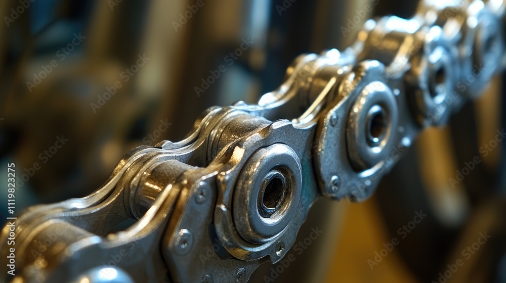Close-up of bicycle chain components showcasing intricate design and metallic texture for cycling maintenance and repair themes Close-up of bicycle chain components showcasing intricate design and metallic texture for cycling maintenance and repair themes