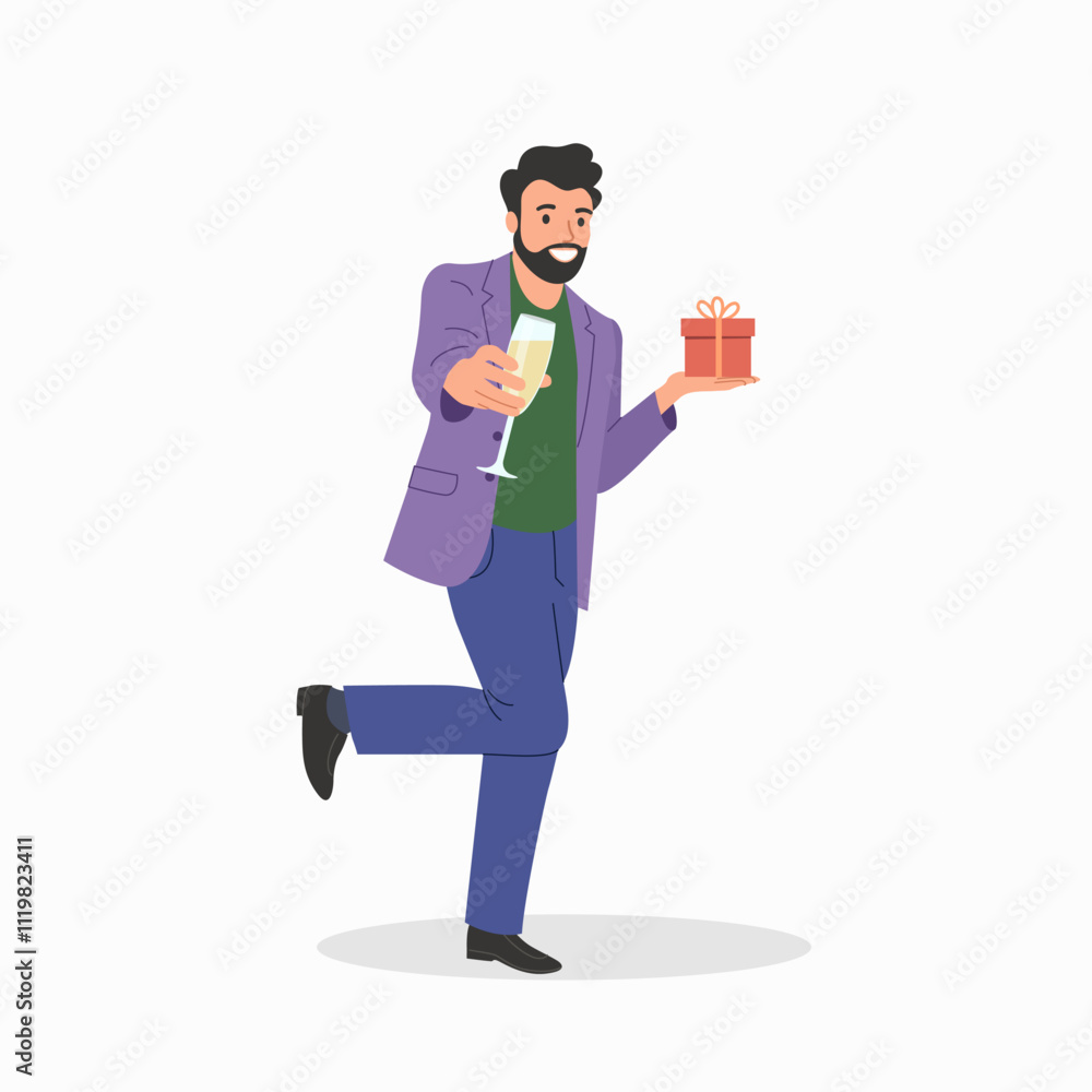 Holiday vector concept illustration in flat style.  Young man holds gift and a glass of champagne.