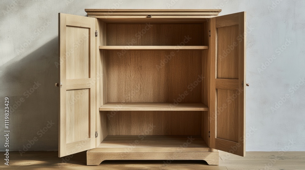 DIY wooden cabinet assembly at home with open doors showcasing empty shelves in a modern interior setting. DIY wooden cabinet assembly at home with open doors showcasing empty shelves in a modern interior setting.