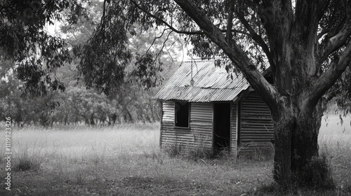 Abandoned rustic shack in the countryside of South East Queensland surrounded by lush greenery and a large tree in black and white. photo