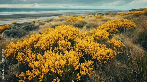 Vibrant yellow witches broom bushes blooming on a coastal Oregon field with a dramatic sky and ocean backdrop photo