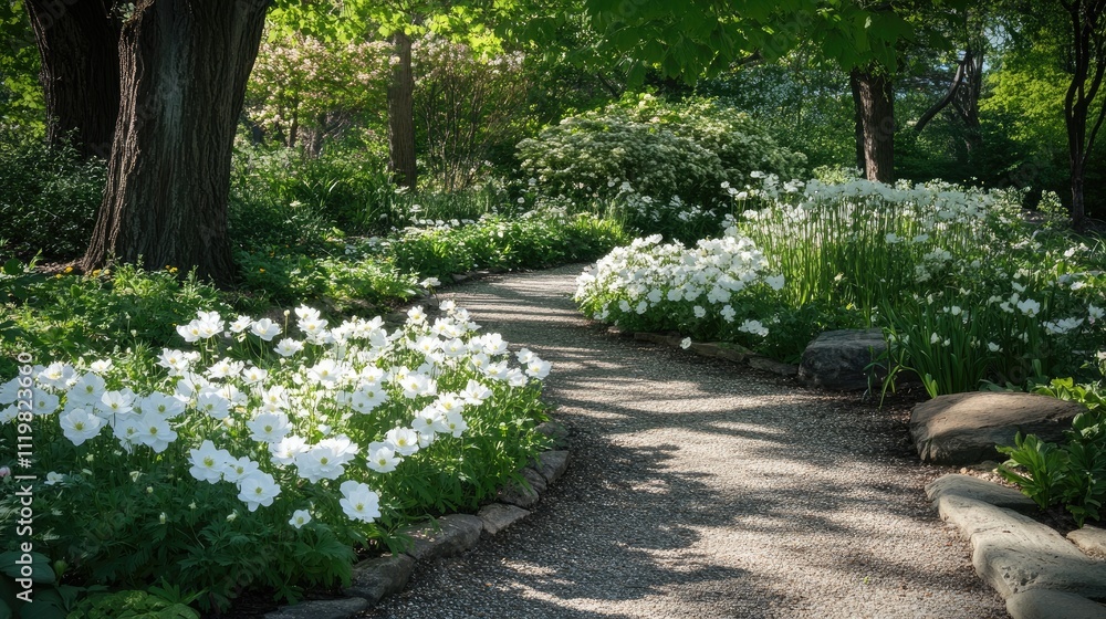 Pathway adorned with Anemone canadensis white flowers in a lush botanical garden setting during springtime bloom. Pathway adorned with Anemone canadensis white flowers in a lush botanical garden setting during springtime bloom.