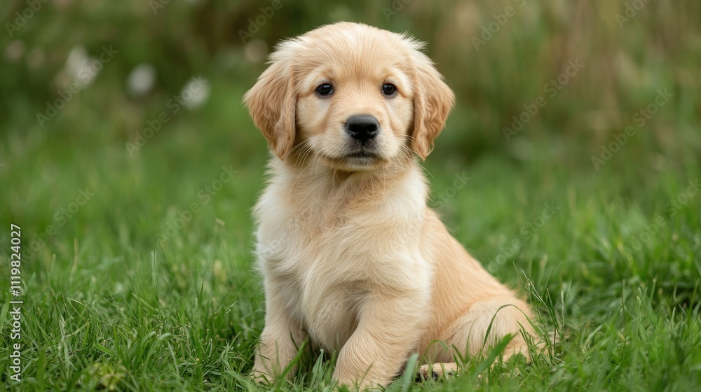 Adorable golden retriever puppy sitting in lush green grass with a playful expression ready for fun and companionship Adorable golden retriever puppy sitting in lush green grass with a playful expression ready for fun and companionship