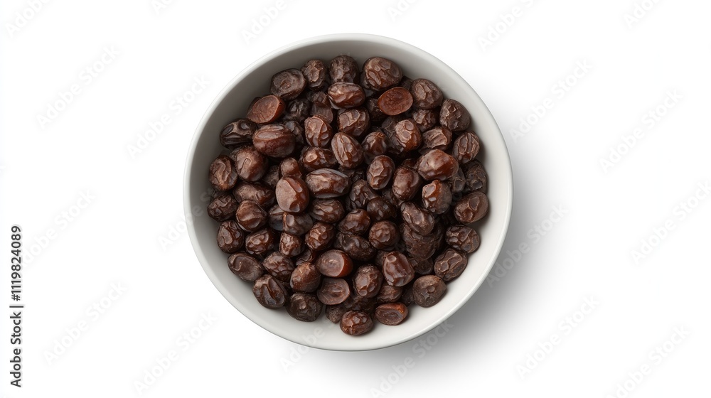Bowl of pitted dates on white background showcasing top view composition for culinary and health related visuals Bowl of pitted dates on white background showcasing top view composition for culinary and health related visuals
