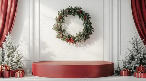 Modern Holiday Decor with Red Podium with white background