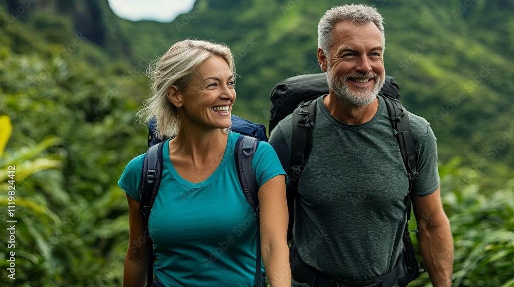 Happy Couple Hiking in Lush Green Mountains: A Scenic Adventure Happy Couple Hiking in Lush Green Mountains: A Scenic Adventure