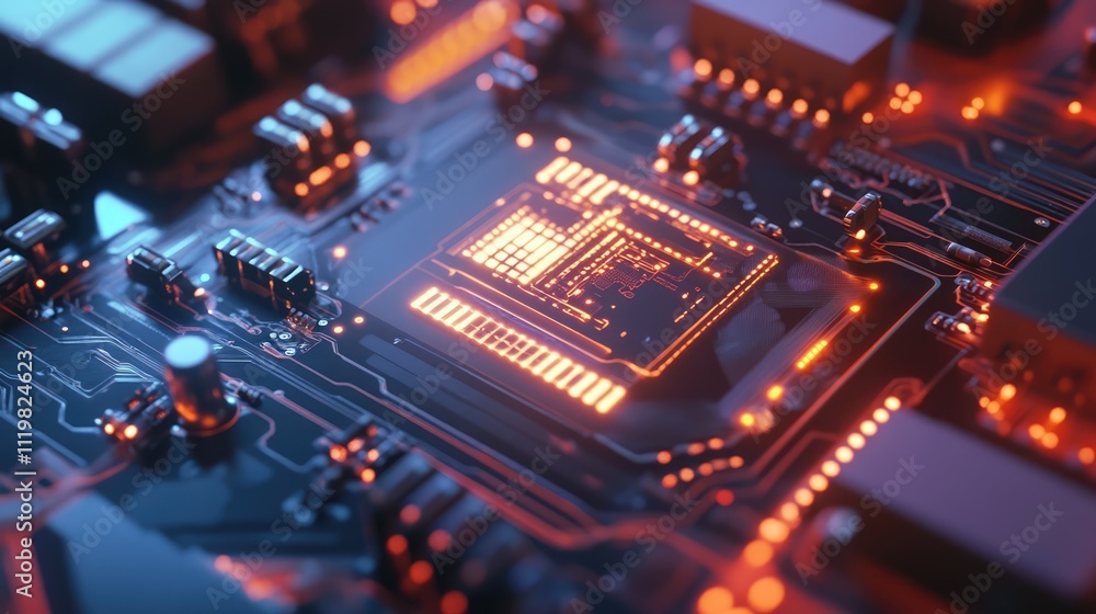 Futuristic circuit board with glowing microchip showcasing advanced technology and software development tools for API applications Futuristic circuit board with glowing microchip showcasing advanced technology and software development tools for API applications